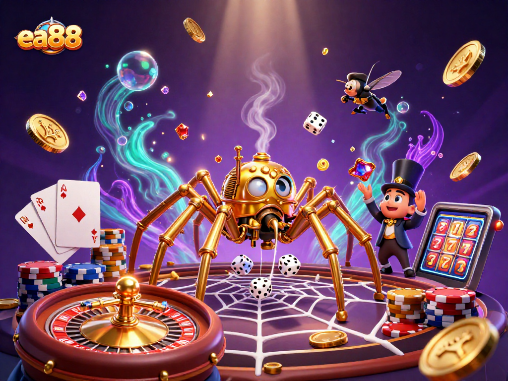 ea88 reveals a vibrant 3D casino scene, featuring a golden spider and flying gems illustrating dynamic gameplay.