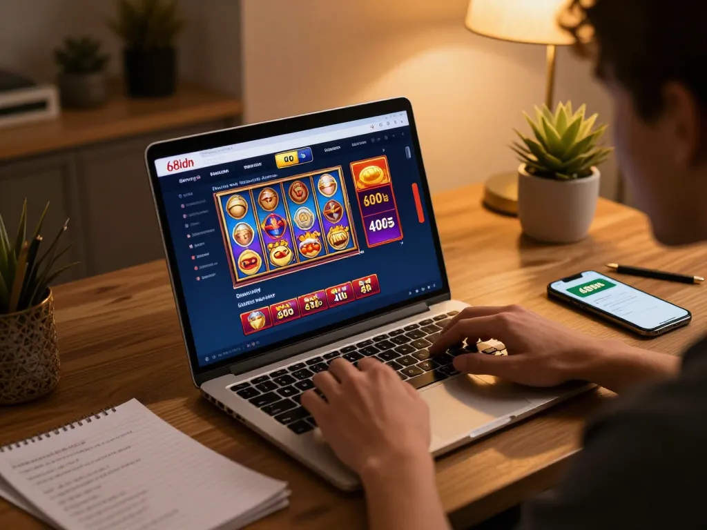 Pemain yang berinteraksi dengan platform 68idn di laptop, menunjukkan pengalaman kasino online dalam suasana yang nyaman