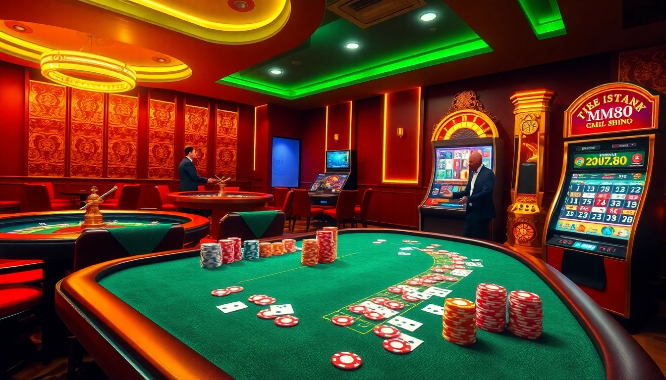 Engaging casino scene showcasing MM88 with vibrant poker tables, slots, and roulette wheel action.