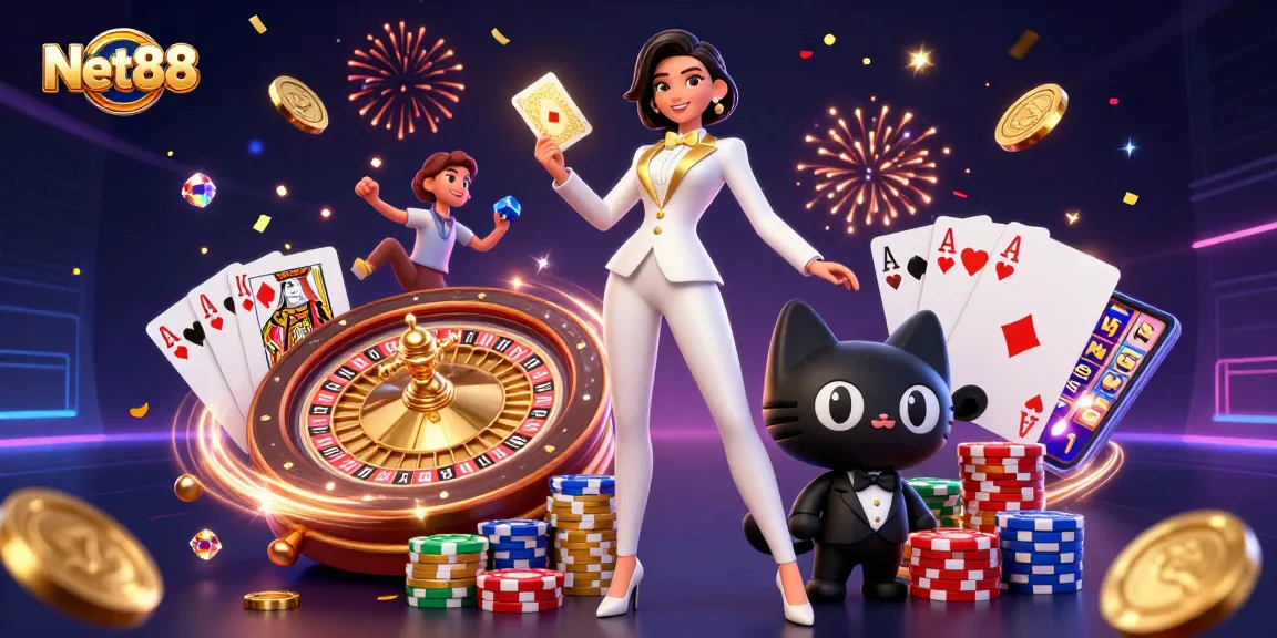 Experience thrilling gameplay at Net88 with a glamorous dealer and festive casino elements.