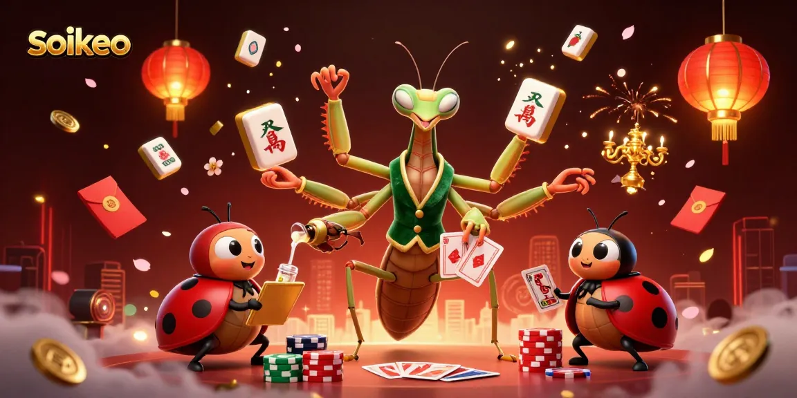 soikeo showcases a giant praying mantis card sharp amid vibrant casino elements, capturing a lively gaming atmosphere