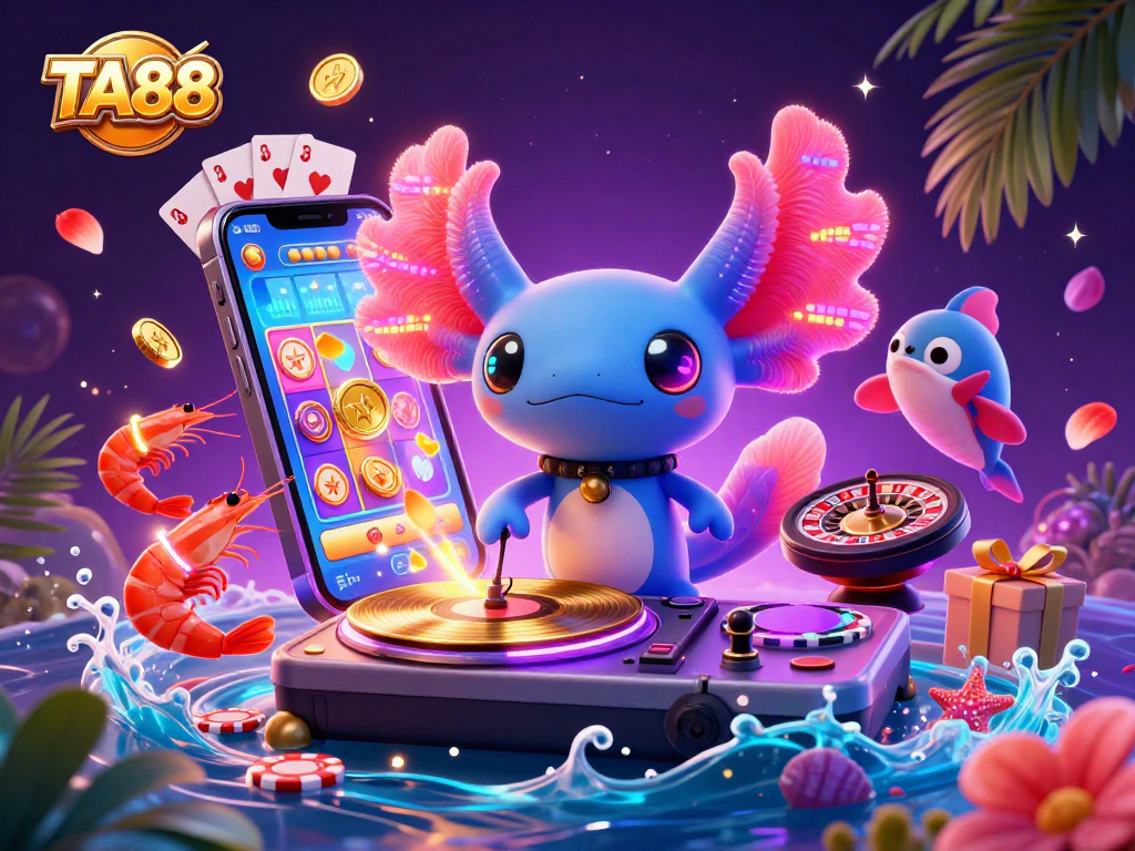 TA88 visualizes an exciting casino scene with vibrant characters, slot games, and dynamic elements.