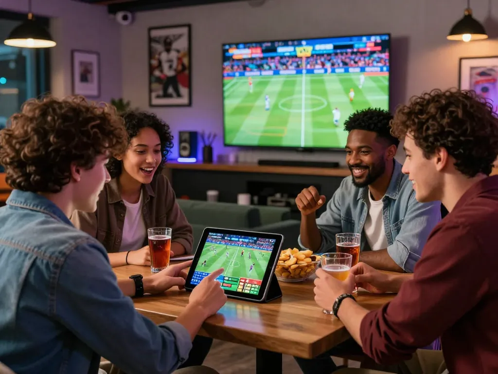 Friends engaged in mm oo sports betting discussion in a lively lounge.