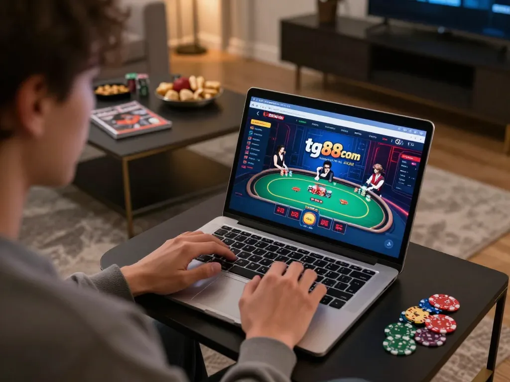 Individual strategizing their gameplay on tg88com's online casino platform in a cozy home setting.