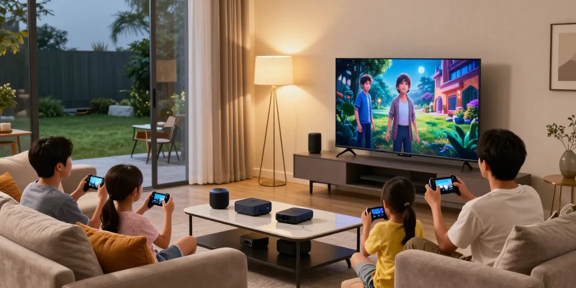 Family enjoying movie night with modern electronics, featuring rokok88 devices in a cozy living room.