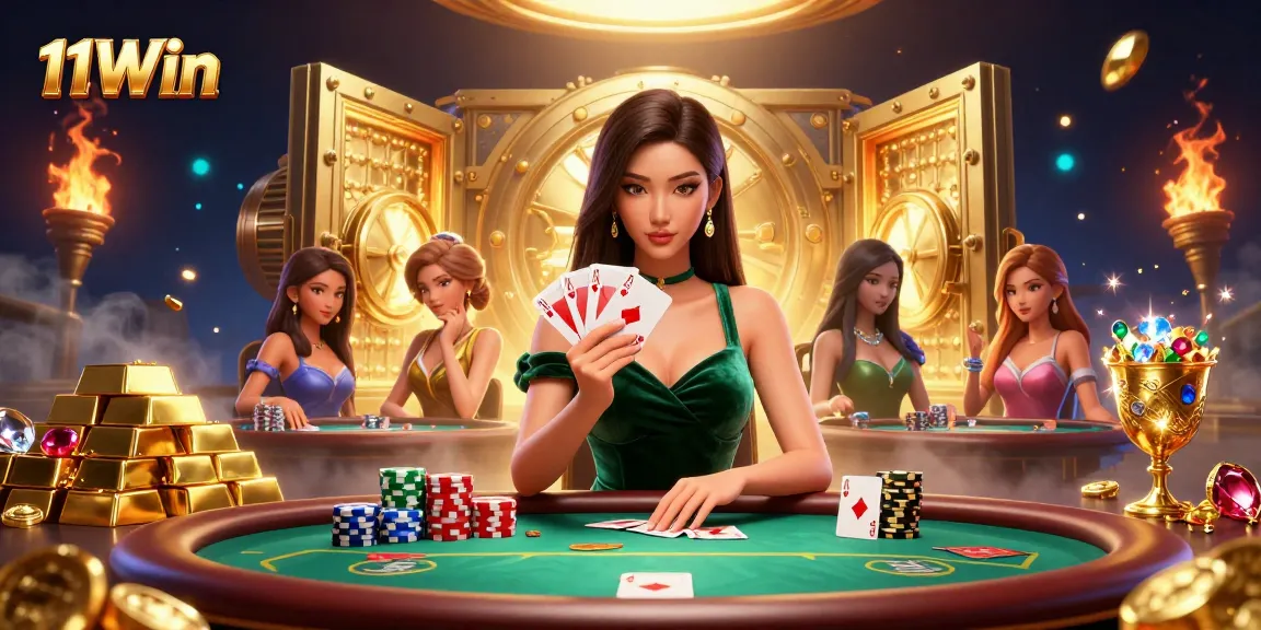 Experience thrilling poker action with 11Win's luxurious gaming scene filled with riches.