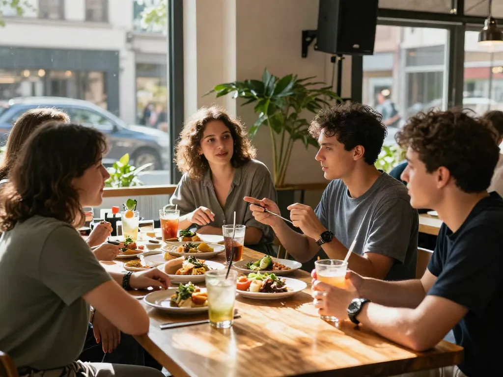 Community gathering at an urban café with rokok88 branding, featuring stylish dishes and vibrant conversation.