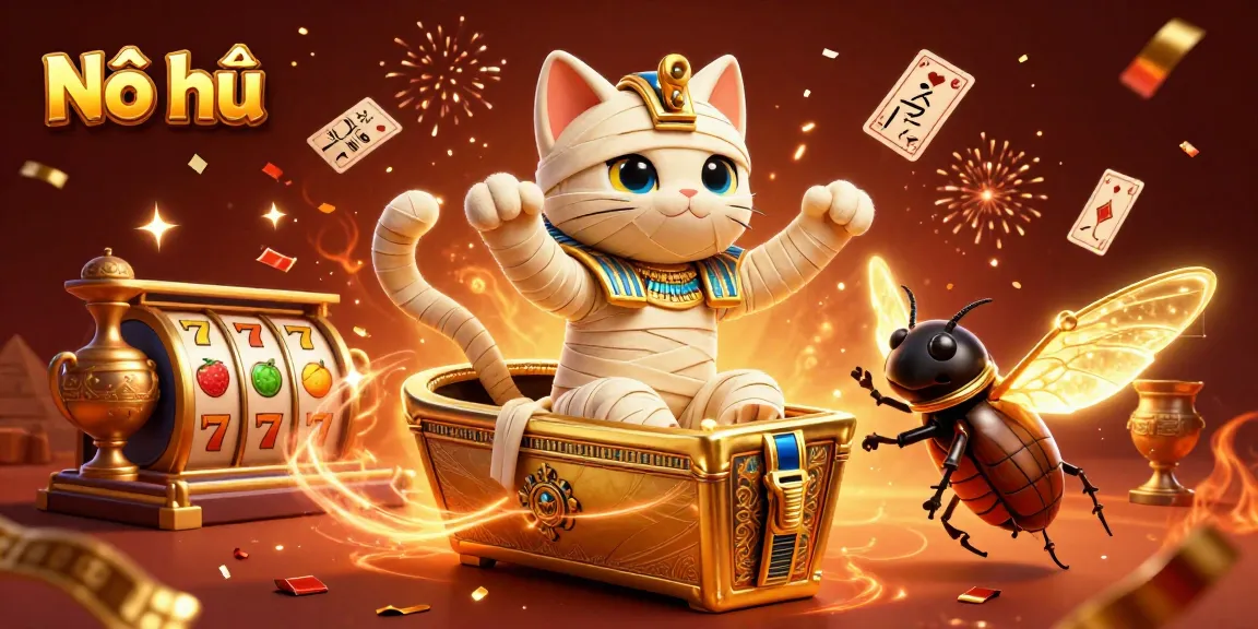 Nổ hũ gaming experience with a mummy cat and floating slot reels in a dynamic casino setting.