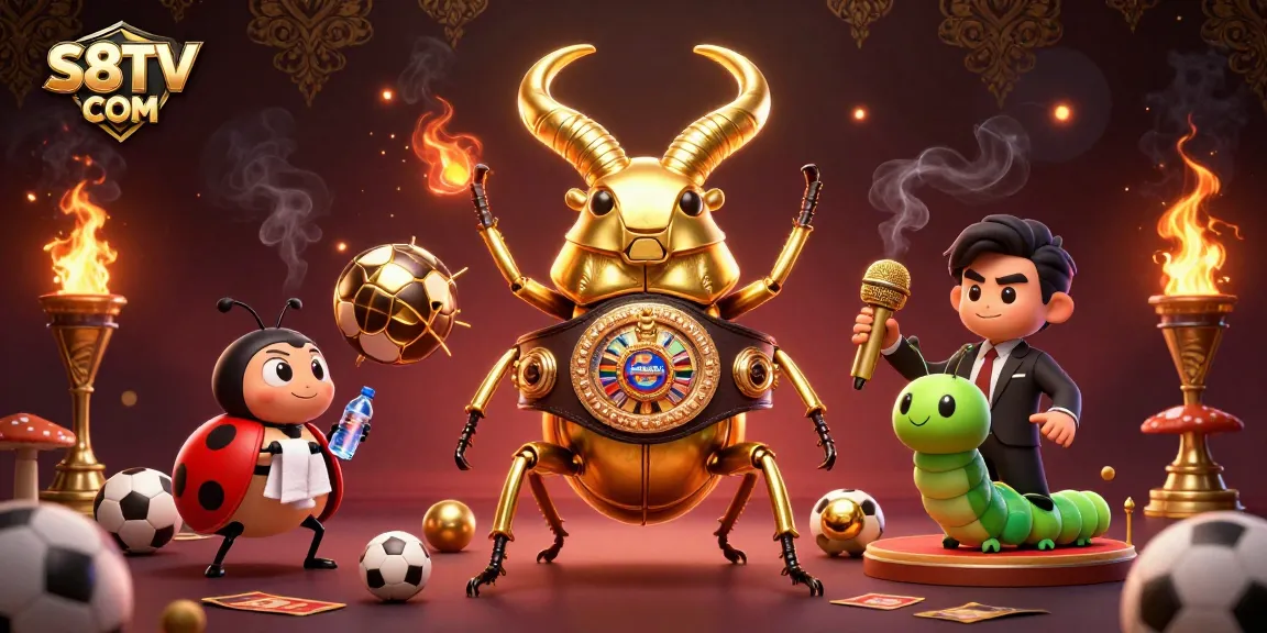 S8TV COM sports betting illustration with a golden stag beetle champion and dynamic sports elements.