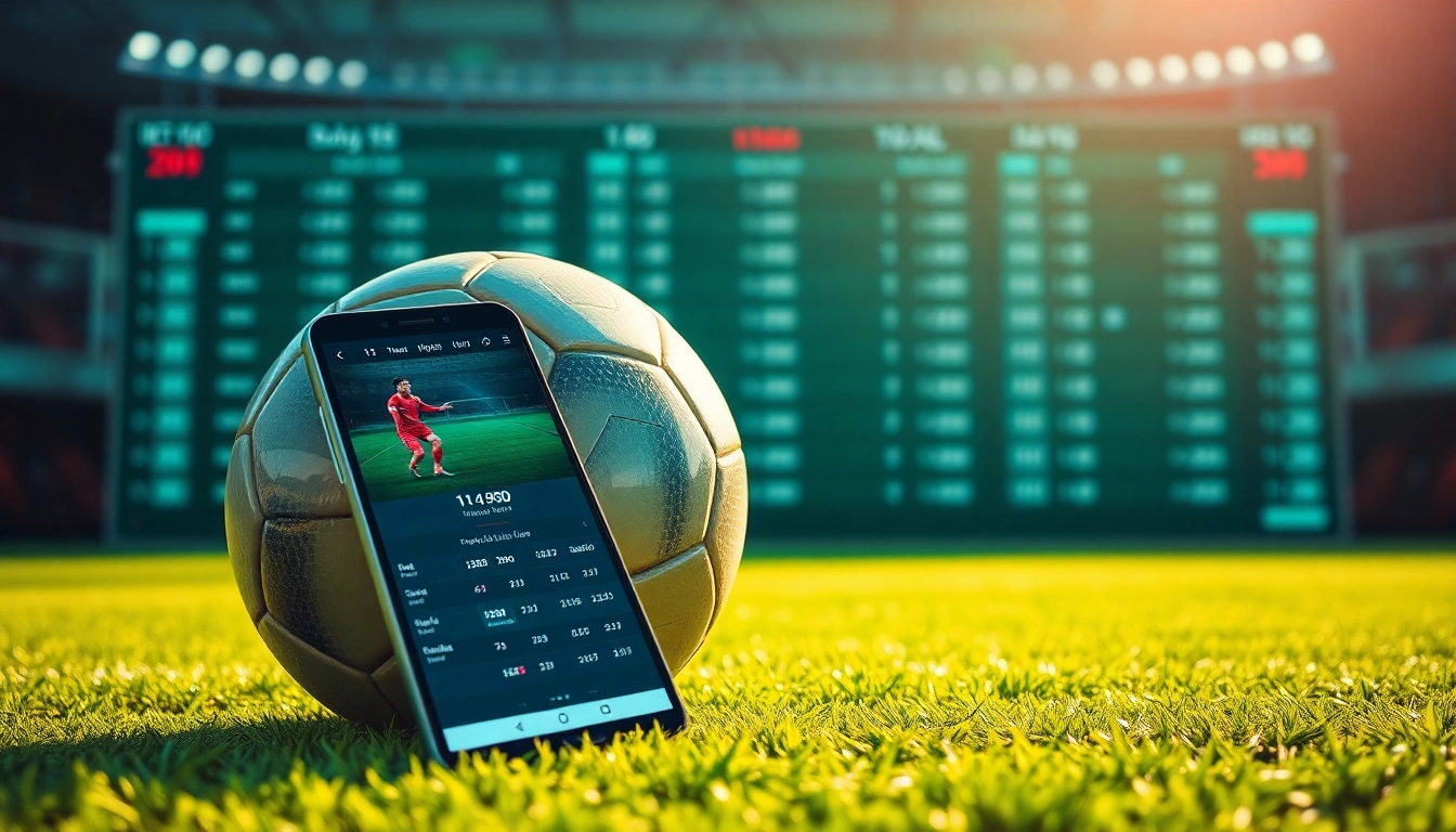 kèo nhà cái hôm nay displayed on a smartphone against a vibrant soccer pitch background.