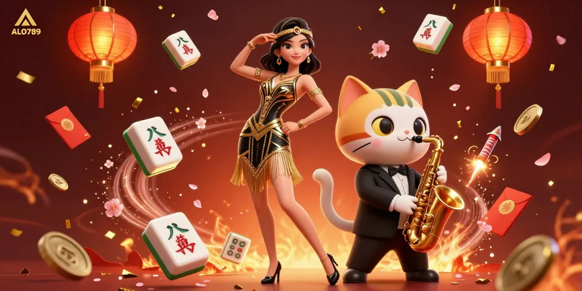 Experience the excitement of ALO789 with vibrant 3D illustration featuring a flapper dancer and saxophone-playing cat amidst floating casino elements.