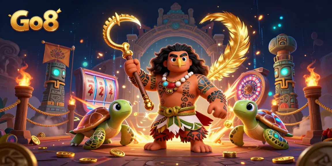 Experience the thrill of Go8 with vibrant slot reels, golden coins, and dynamic gaming elements.