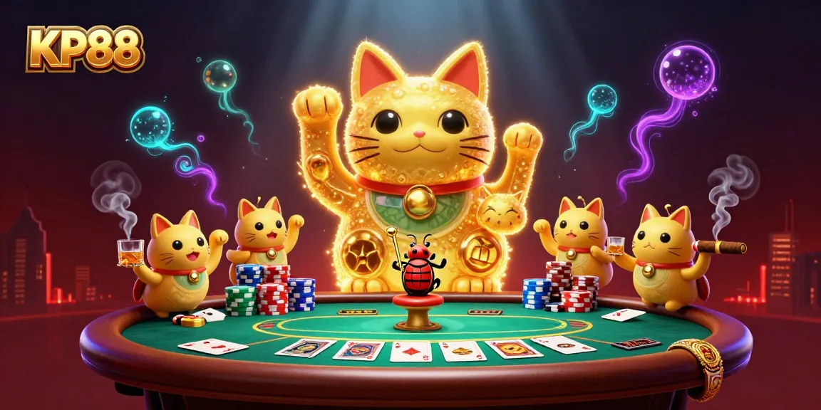 Experience the vibrant KP88 gaming world with a lucky cat and dynamic casino symbols.