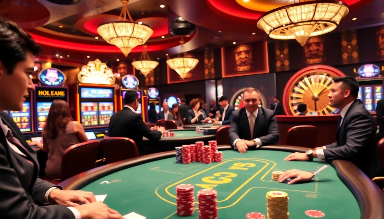 Experience the thrill of OXBET at a lively casino with poker tables and slot machines.
