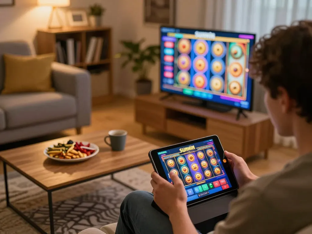 Player enjoying Sunwin slots on a tablet in a cozy home setting, showcasing engaging online gambling.