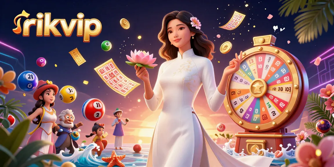 Engage with rikvip's exciting lottery theme featuring vibrant balls, golden prizes, and dynamic casino elements.