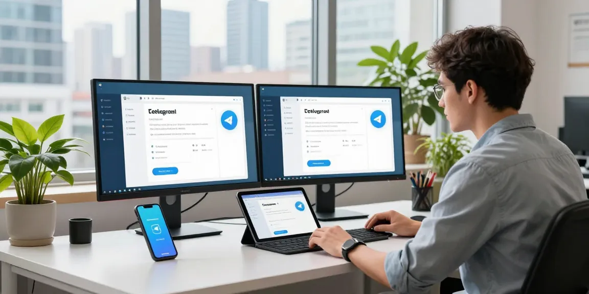 Efficient Telegram Download on multiple devices in a modern workspace with urban backdrop.