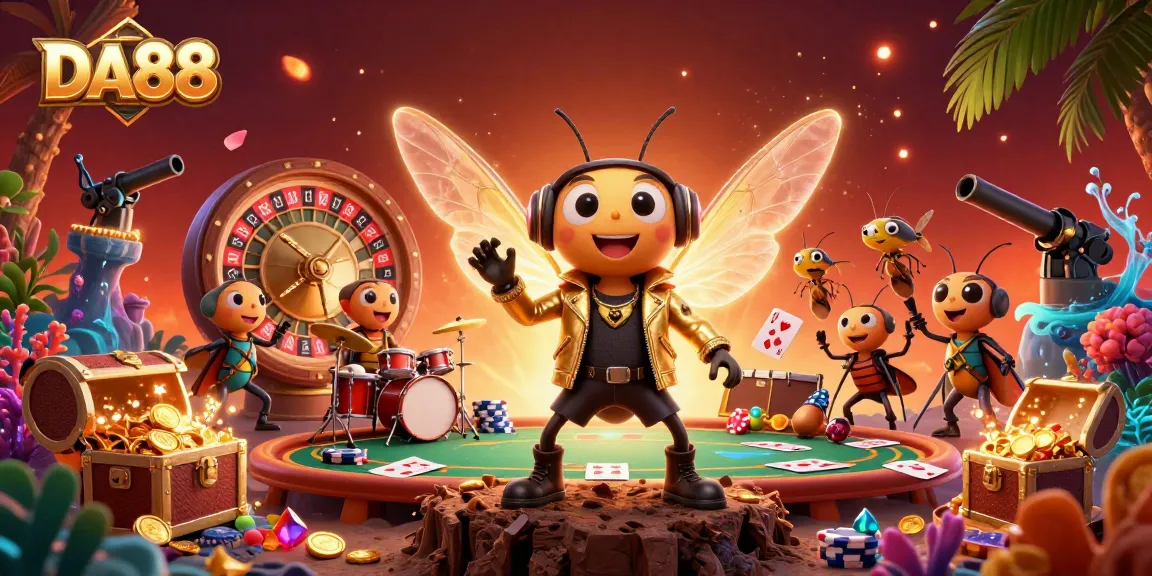 Experience vibrant casino action with DA88, featuring a cicada rock star, poker elements, and glowing treasures.