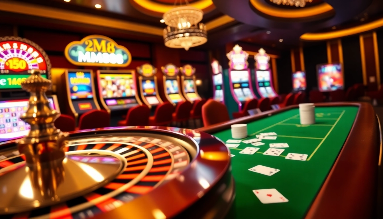 Experience thrilling gameplay at MM88 with vibrant slot machines and a spinning roulette wheel.