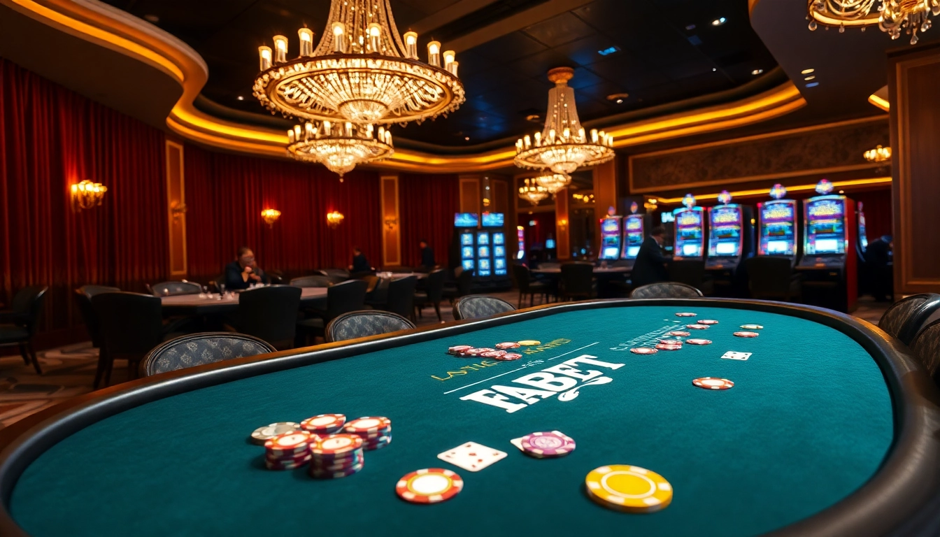 FABET poker table filled with colorful chips and cards in an elegant casino setting.