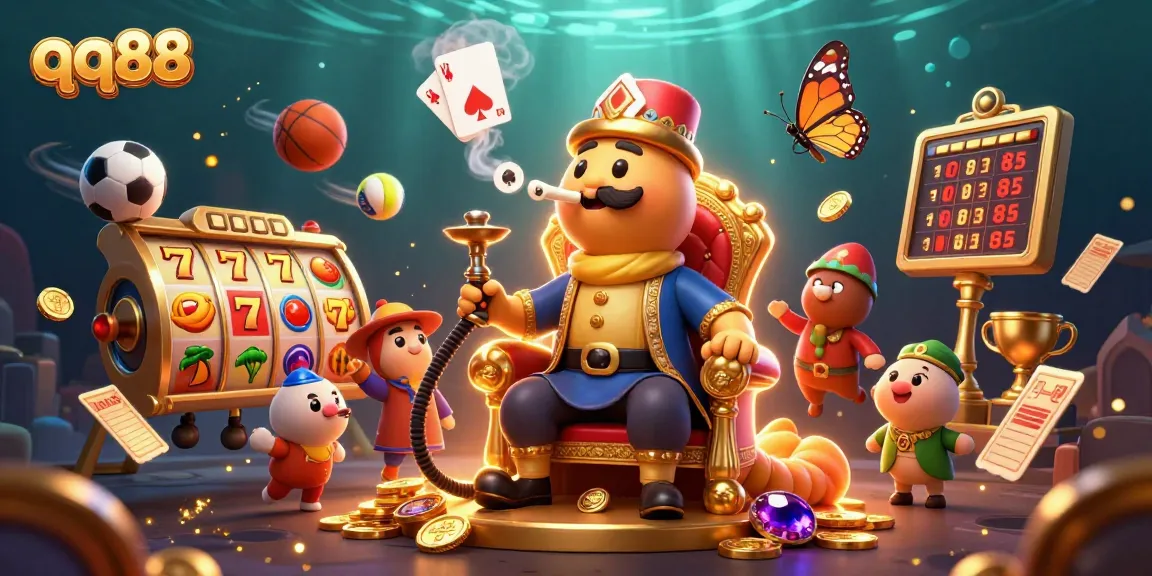 Engage with the thrilling world of qq88 through a vibrant 3D illustration showcasing casino excitement and fun.