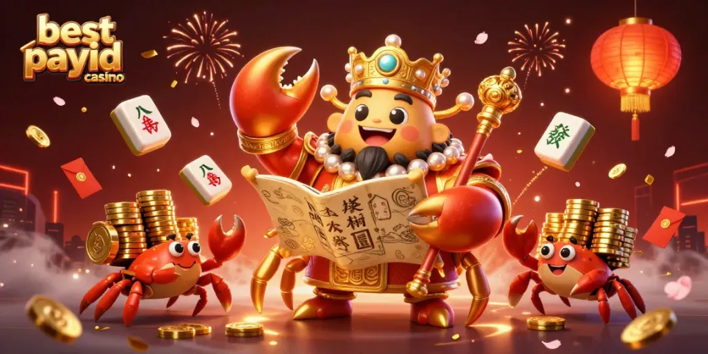 Experience thrilling gaming at the best payid casino with a vibrant 3D illustration of a crab emperor and treasures.
