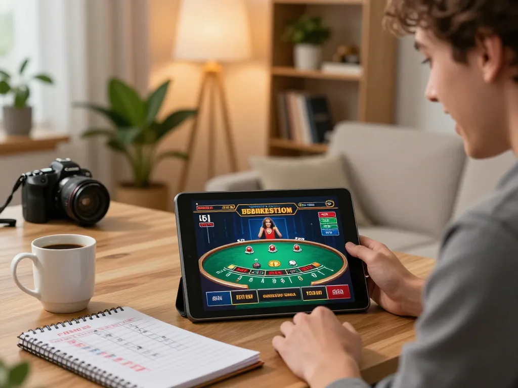Player engaged in oxbet mobile casino gaming with live dealer interface and strategic notes