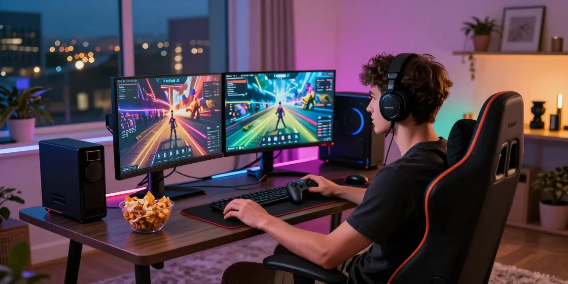 Intense gaming session at home using HM88 platform with immersive lighting.