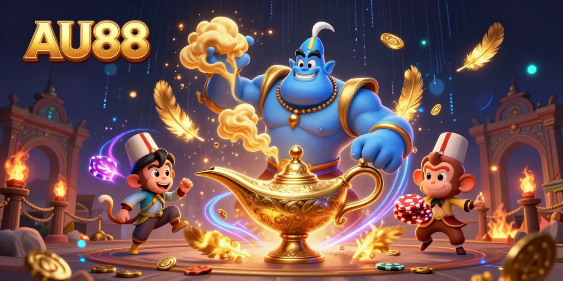Engage with AU88's exhilarating gaming realm featuring a genie and magical elements.