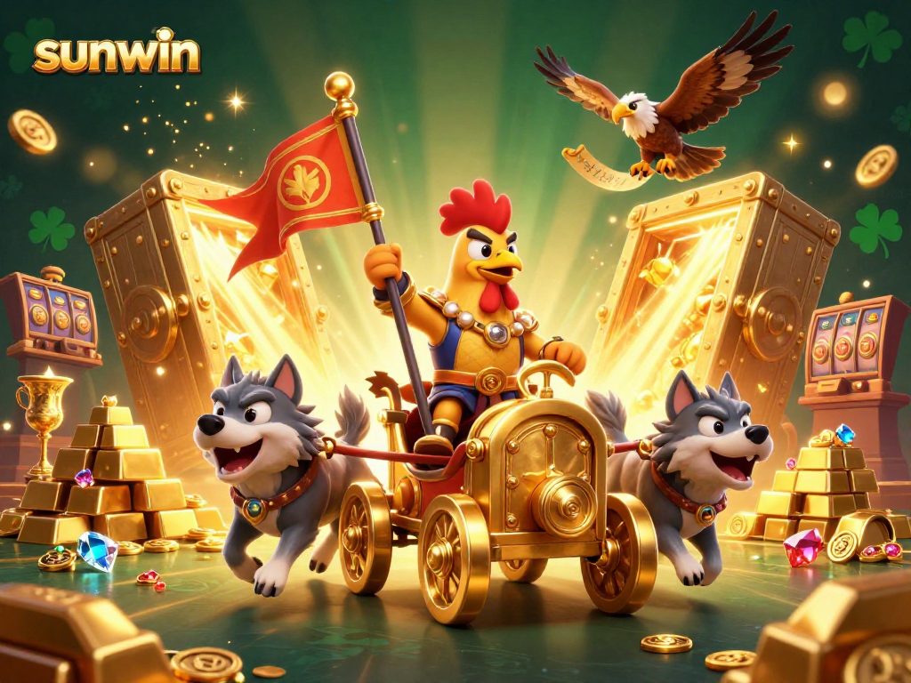 Experience sunwin's thrilling action with a rooster warlord amid golden treasures and vibrant casino elements.