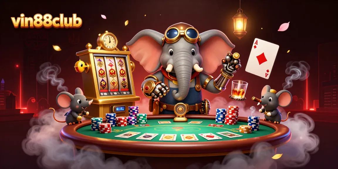 Play and win at vin88club with a vibrant steampunk-themed casino illustration.