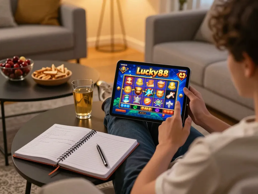 Player engaged in lucky88 slot game on tablet at home, showcasing strategic gaming atmosphere.
