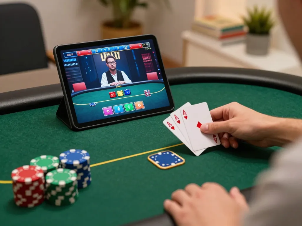 Player strategizing with sc88 during an intense online poker session at home, chips ready to bet
