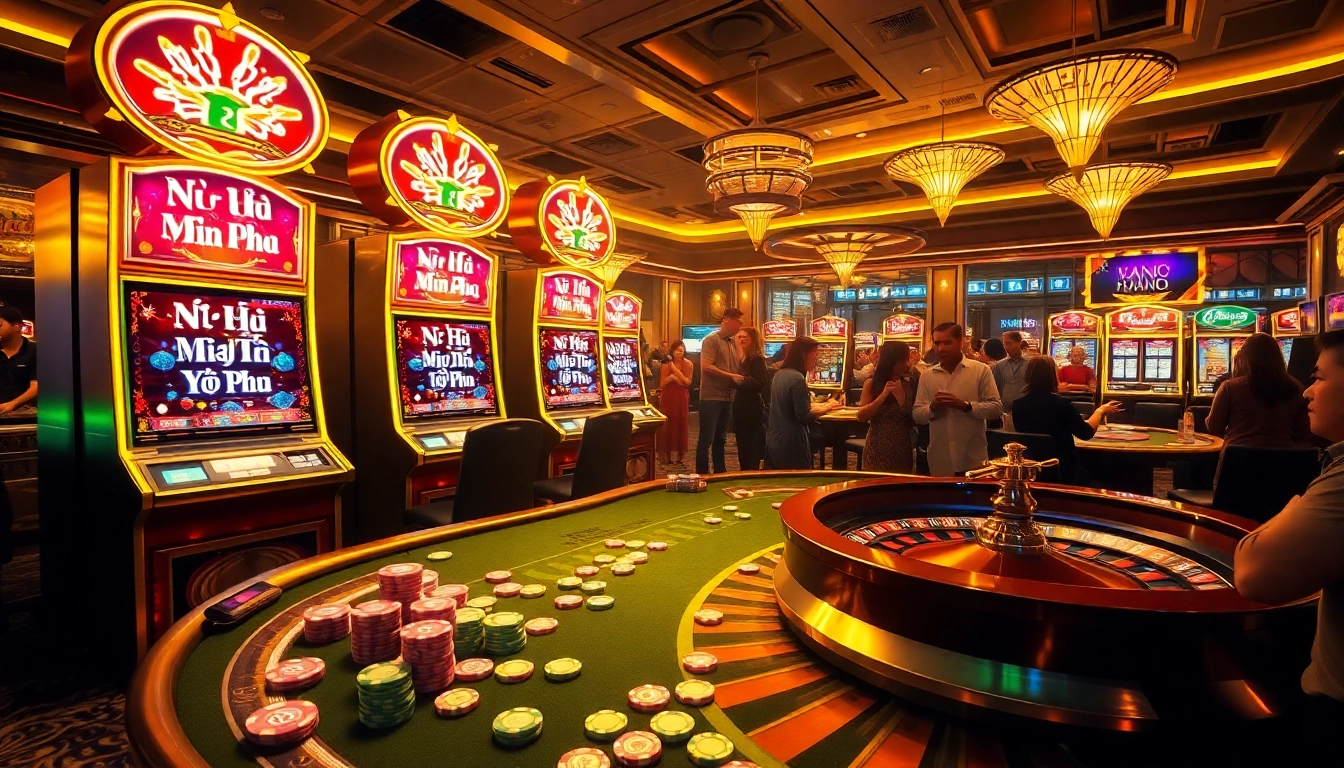 Nổ Hũ Miễn Phí slot machines lighting up an exciting casino atmosphere filled with players.