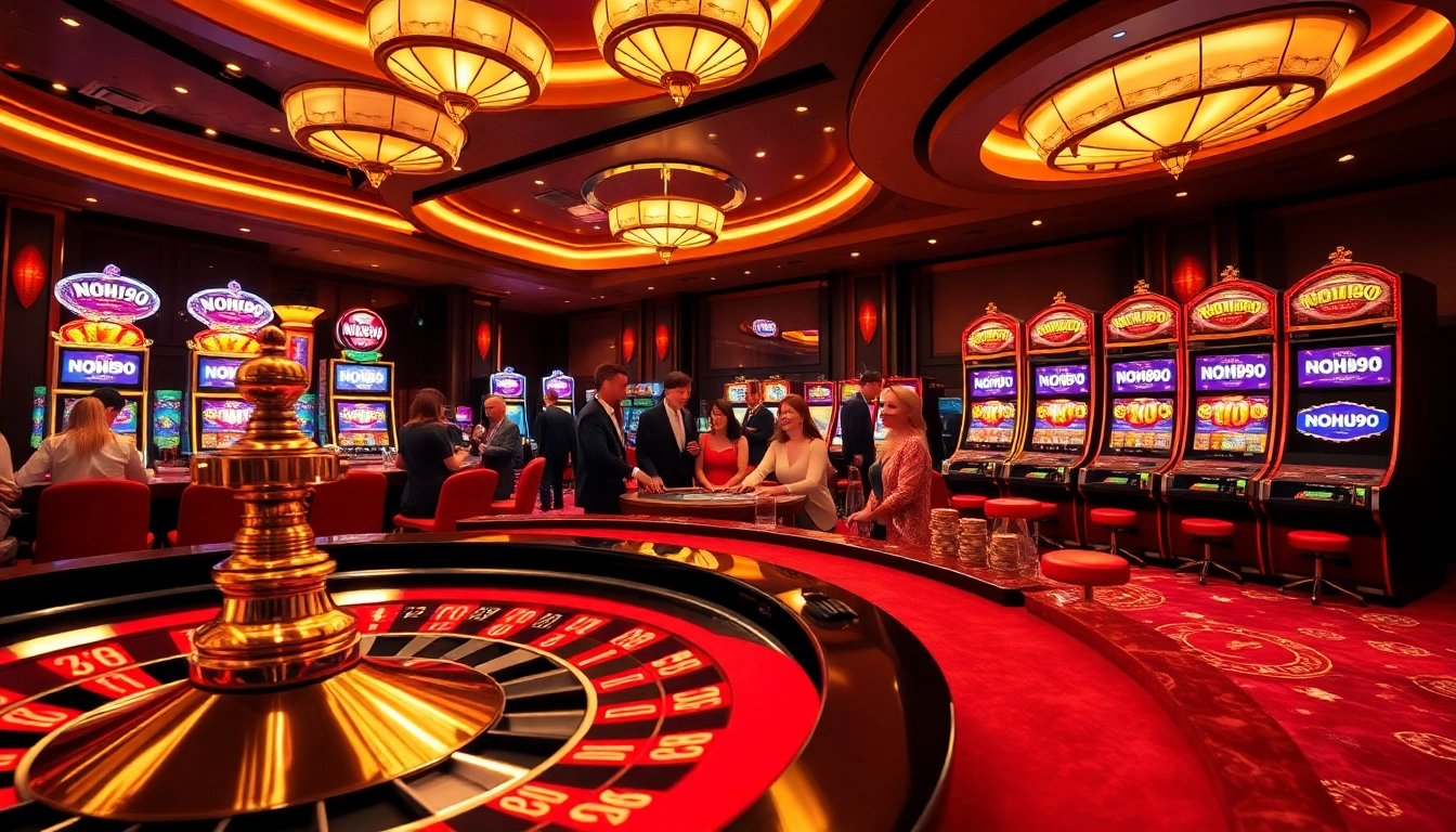 Players enjoying a vibrant casino atmosphere while engaging with NOHU90 branded slot machines.