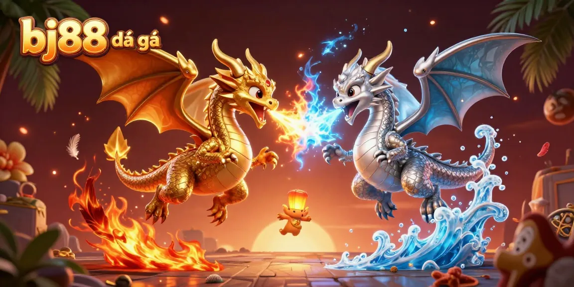 Experience thrilling bj88 đá gà action with gold and silver dragons in an epic arena illustration.