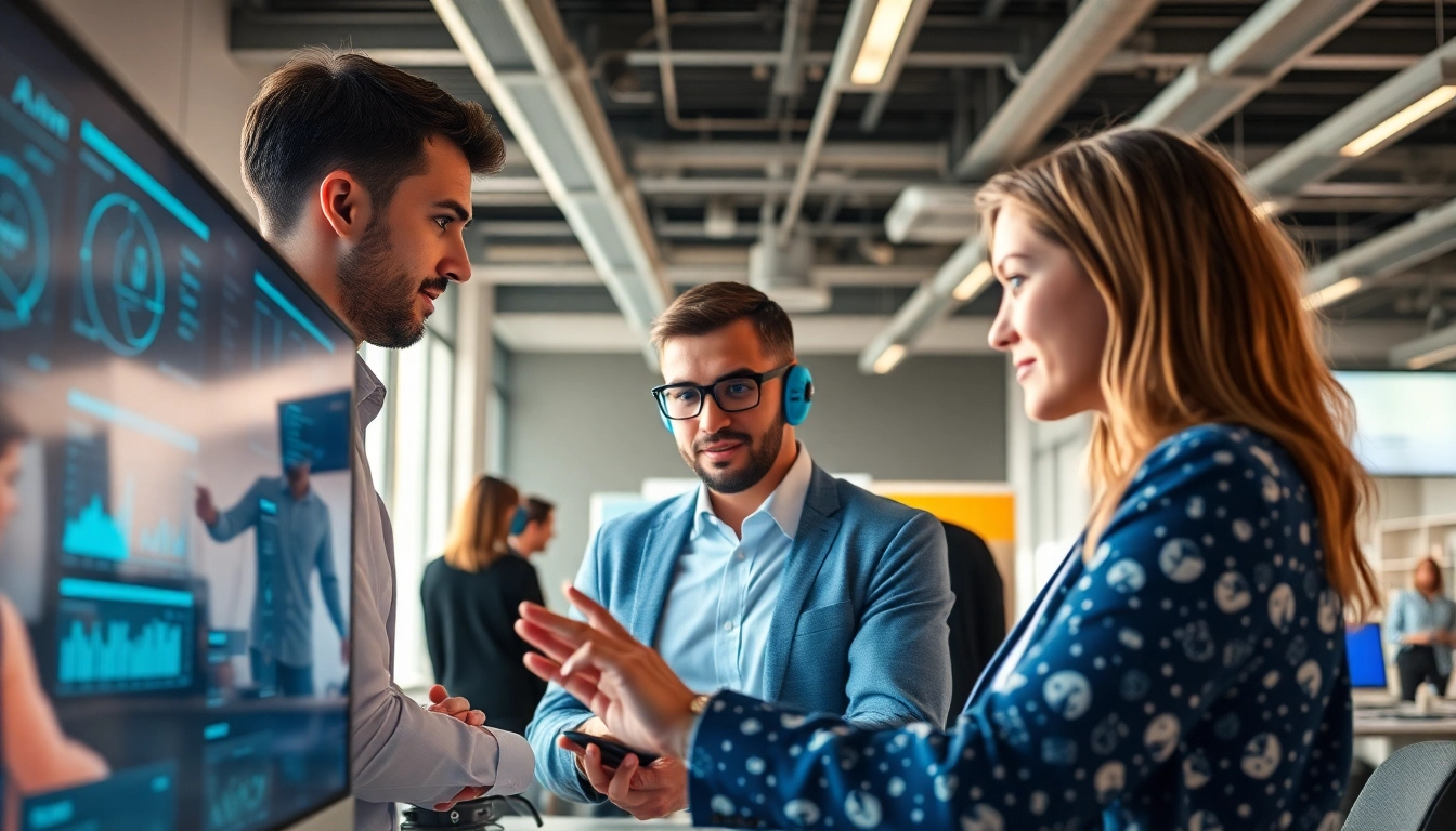 Dynamic AI Employee engaged in teamwork within a modern office setting, showcasing collaboration.