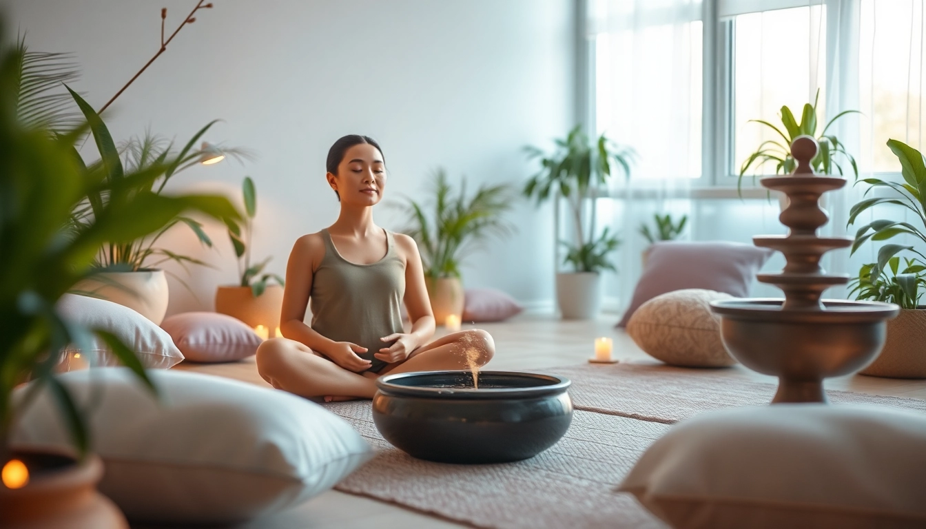Practicing mindfulness to relieve stress and anxiety in a peaceful meditation space.
