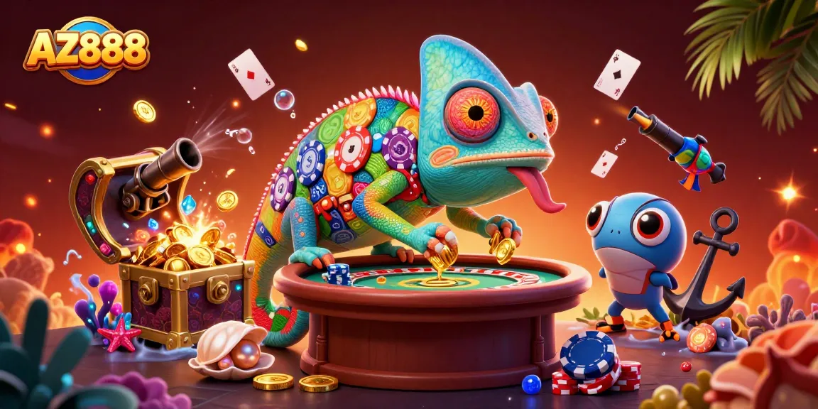 Experience the thrill of AZ888 with a vibrant 3D casino illustration featuring a chameleon owner!