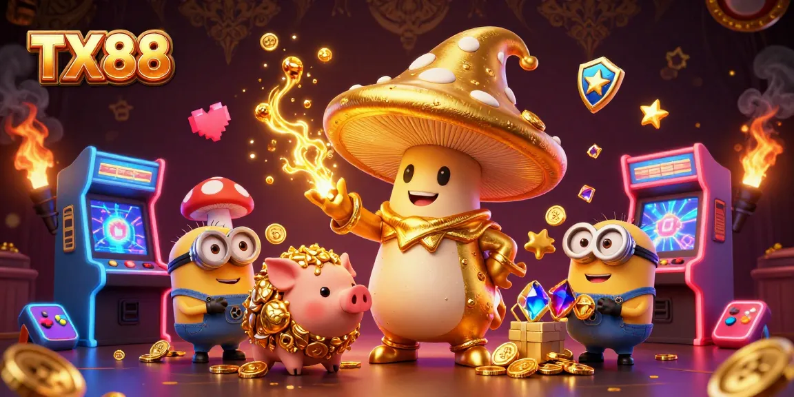 Experience the magical transformation of TX88 with a golden mushroom wizard in a vibrant casino scene.