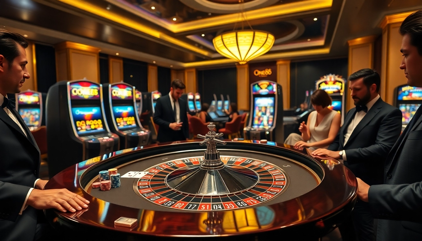 Experience the excitement of one88 at a luxury casino, showcasing a roulette table and vibrant poker chips.