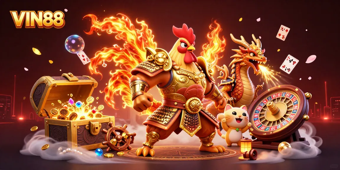 Engage in thrilling gameplay with VIN88's vibrant 3D casino illustration featuring warriors, a chest of treasures, and rich details.