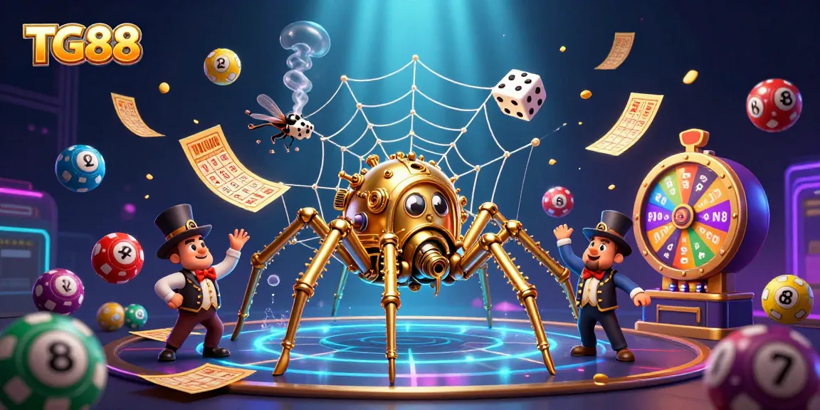 Engage with TG88's vibrant 3D casino world featuring a steampunk spider and lottery elements.