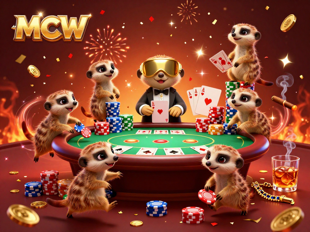 Experience thrilling casino action with MCW meerkats managing a vibrant poker scene filled with colorful chips.