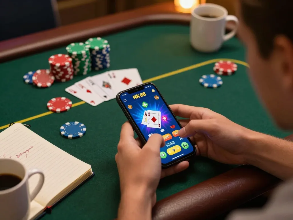 Player engaging with the Nk 88 app for an exciting online poker game, showcasing chips and cards.