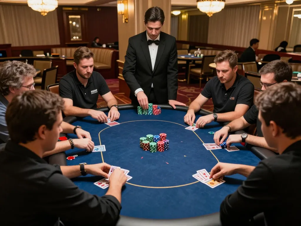 Join the thrilling poker tournament at five88, where players strategize with colorful chips at an upscale casino table.