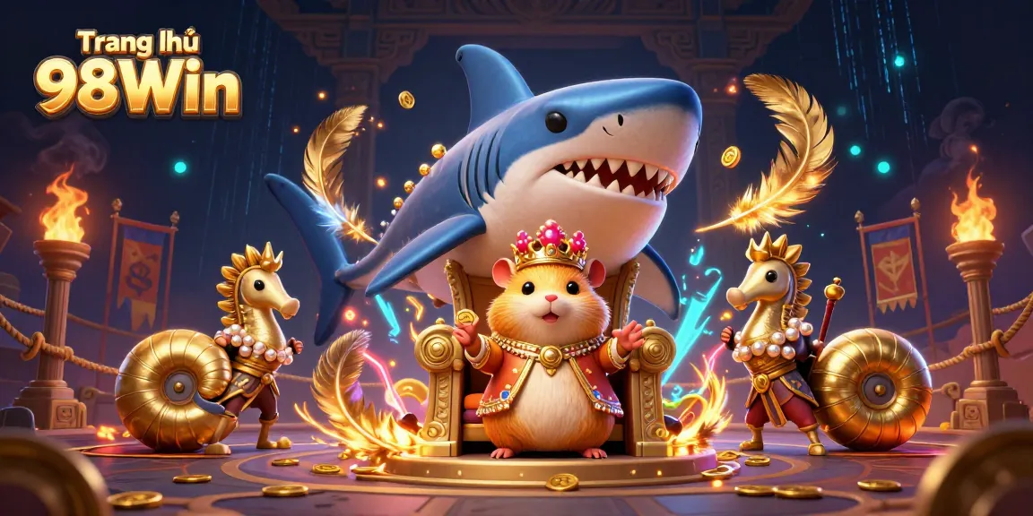Experience gaming excitement with Trang chủ 98Win featuring a golden hamster king ruling a vibrant casino scene.