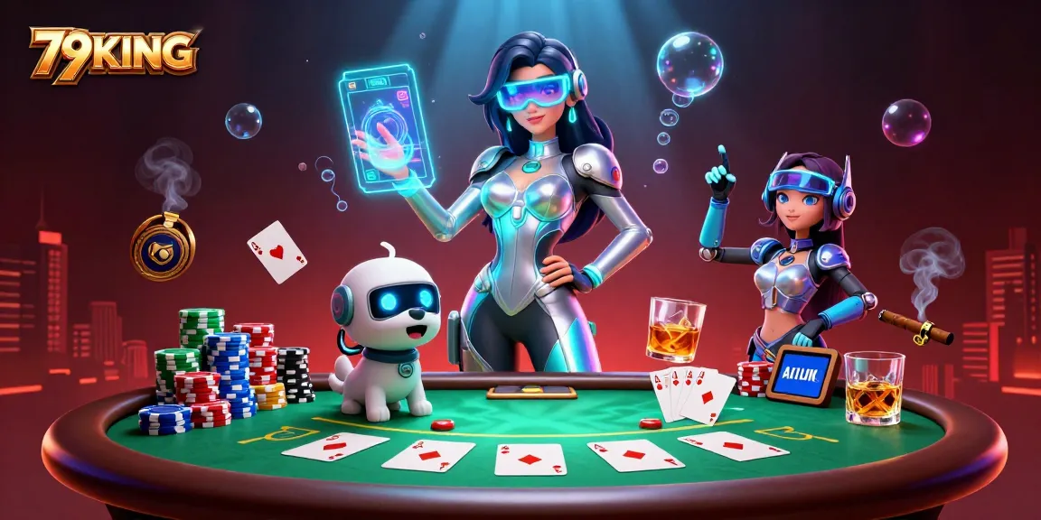 Experience thrilling gameplay with 79KING's dynamic casino scene featuring poker tables, vibrant colors, and futuristic characters.