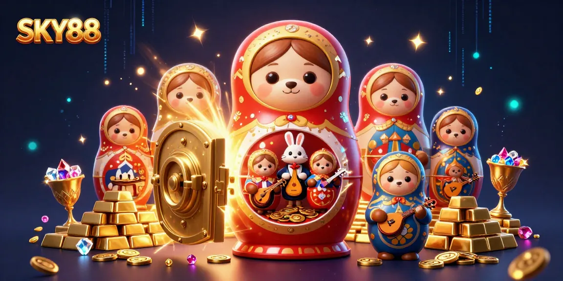 SKY88 offers exciting casino gaming experiences with cartoon bears and vibrant treasure in a dynamic scene.