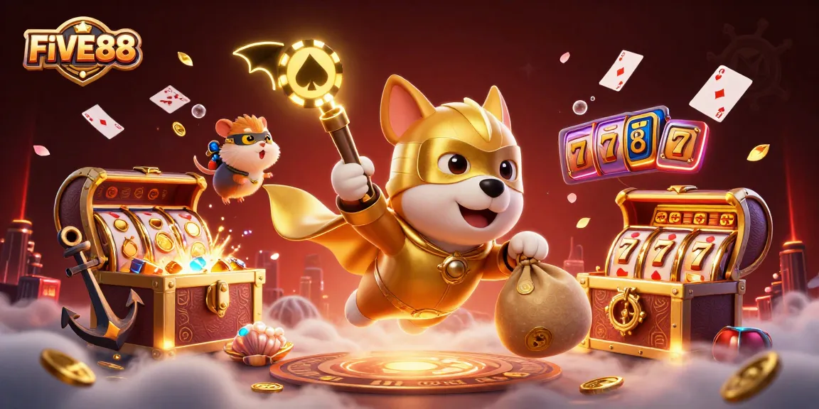 Fly high with FIVE88's superhero dog and hamster, spreading coins and jackpots in dynamic casino action!